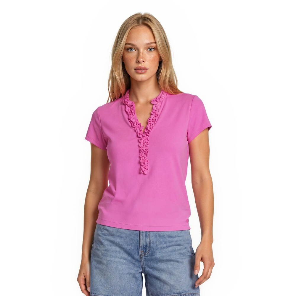 Lilly Pulitzer Luxletic Pink Polo Top Blouse Women's Size Large Ruffle V Neck